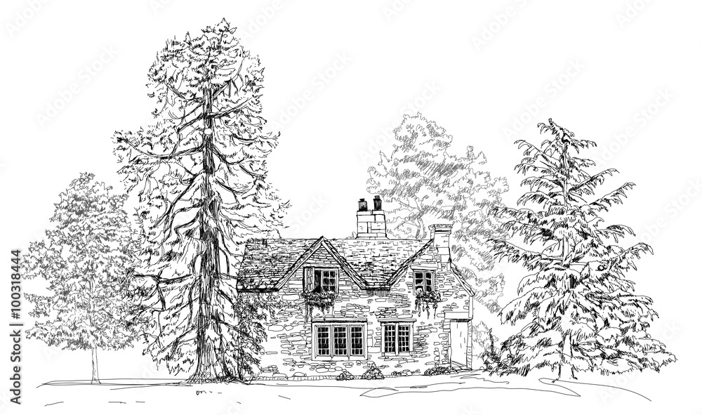 Old english stone cottage in the forest, sketch collection