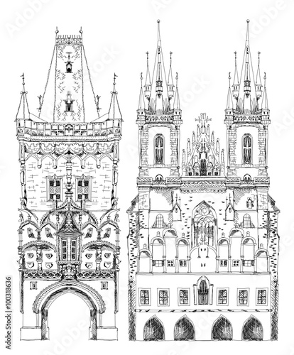 Prague cathedral and town tower, sketch collection