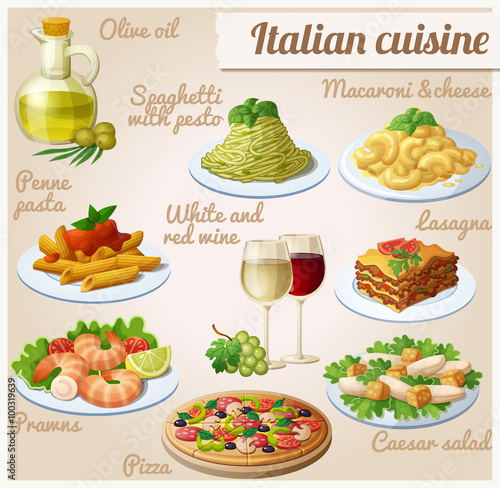 Set of food icons. Italian cuisine. Spaghetti with pesto, lasagna, penne pasta tomato sauce, pizza, olive oil, macaroni and cheese, red white wine in glasses, prawns caesar salad
