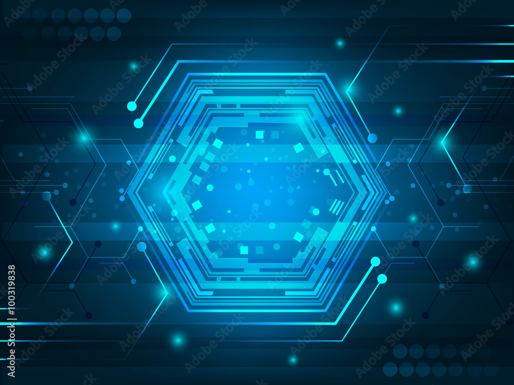 Abstract vector futuristic digital innovation background with circuit board, hexagon, shiny effect and glitter. - obrazy, fototapety, plakaty 