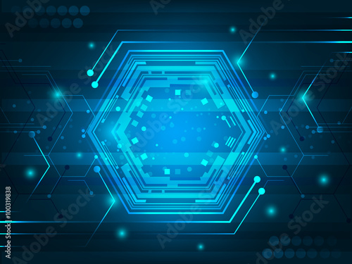 Abstract vector futuristic digital innovation background with circuit board, hexagon, shiny effect and glitter.