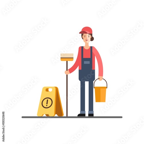 Young cleaner woman in uniform. Cleaning service. Character design. Vector illustration.