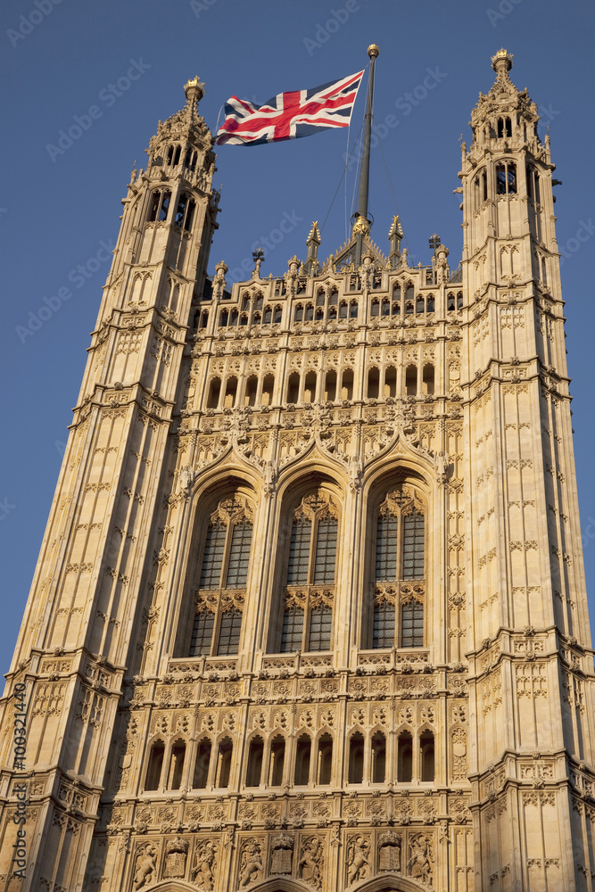 Houses of Parliament and the Union Jack Flag, London, England, UK Houses of Parliament and the Union Jack Flag, London, England, UK