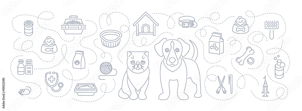 Animal pets grooming and health care flat thin line vector horizontal  header banner. Background with linear icons of cat and dog, food, toys and accessories. Pet shop, vet clinic concept