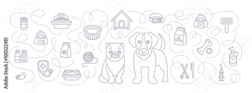 Animal pets grooming and health care flat thin line vector horizontal  header banner. Background with linear icons of cat and dog, food, toys and accessories. Pet shop, vet clinic concept