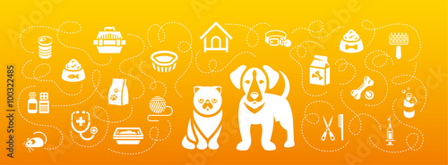 Animal pets grooming and health care vector flat horizontal header banner. Background with silhouettes icons of cat and dog, food, toys and accessories. Pet shop, vet clinic concept
