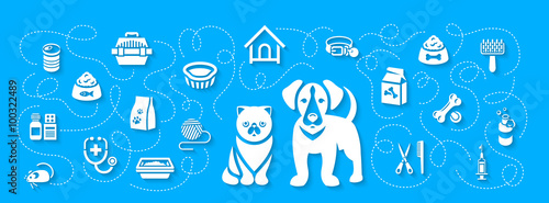 Animal pets grooming and health care vector flat horizontal header banner. Background with silhouettes icons of cat and dog, food, toys and accessories. Pet shop, vet clinic concept with shadows