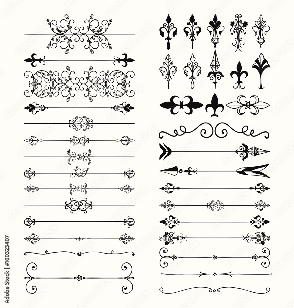 Vector Black Hand Drawn Dividers, Arrows, Swirls