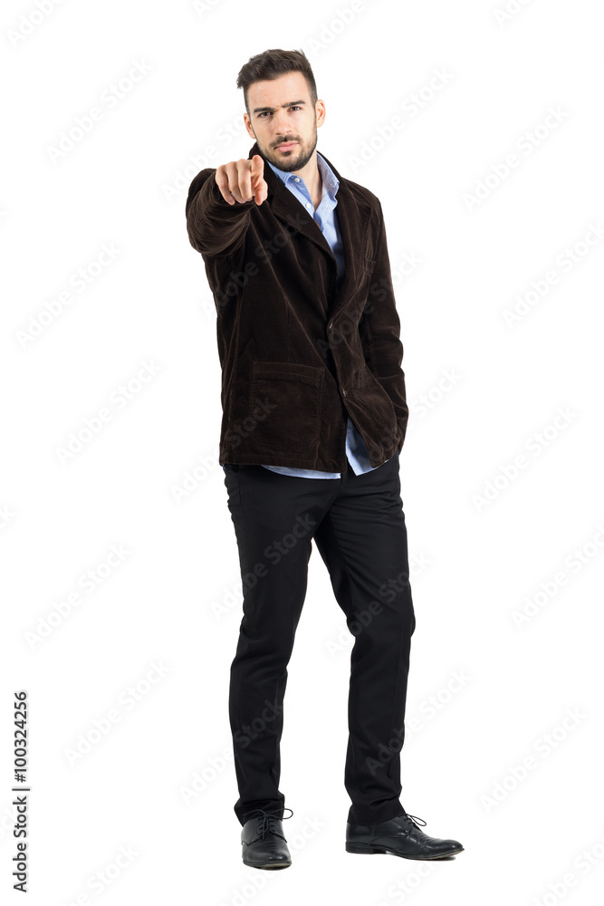 Angry manager pointing finger at camera accusing. Full body length portrait isolated over white studio background. Angry manager pointing finger at camera accusing. Full body length portrait isolated over white studio background.