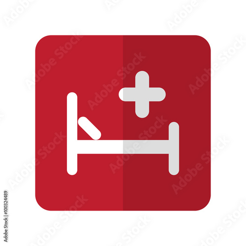 White Hospital Bed flat icon on red rounded square on white