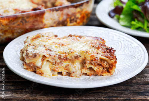 Baked italian home made lasagna on a plate