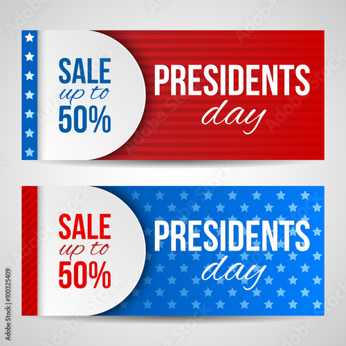 Modern vector horizontal banners, page headers with text for Presidents Day. Banners with stripes and stars in the colors of the American flag. Sale, discount theme.