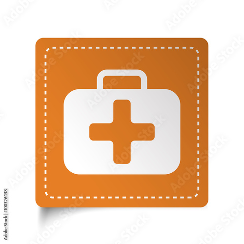 White flat First Aid Kit icon on orange sticker