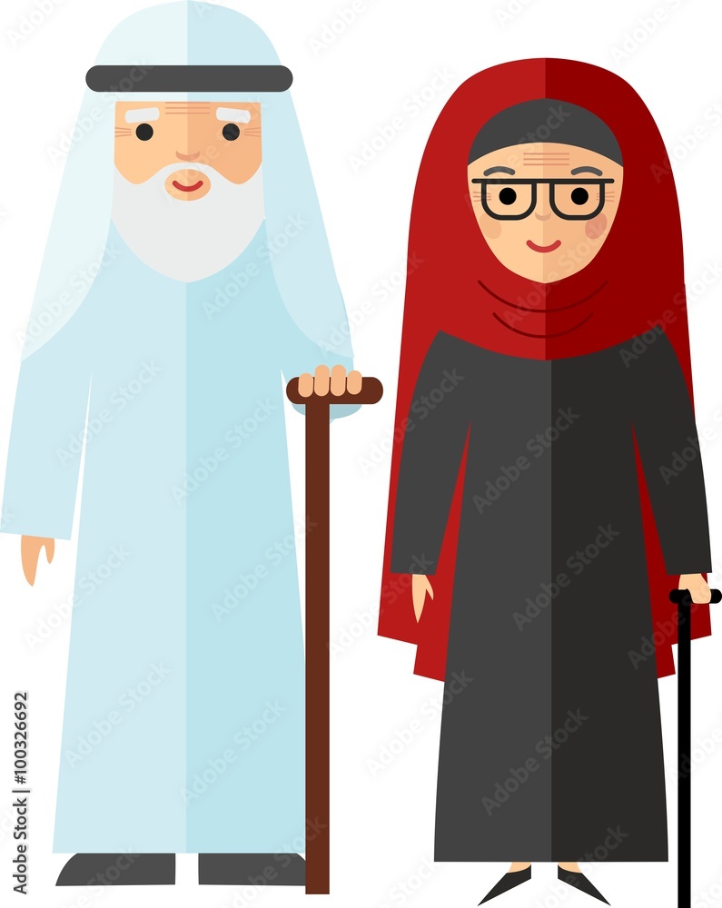 Traditional muslim old family .  Set of vector  illustration maturity arab  family in national clothes.
