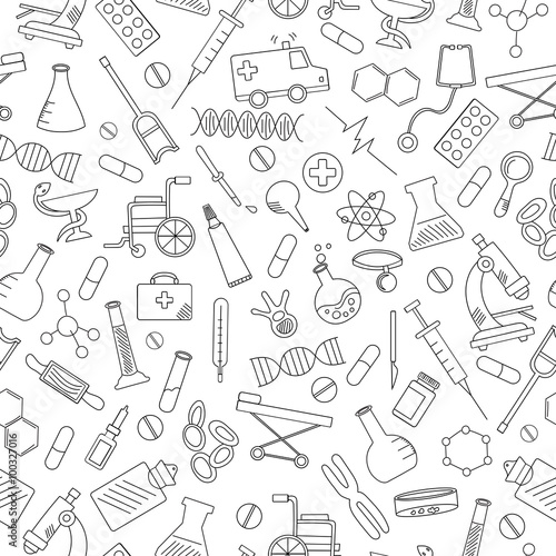Seamless pattern with hand drawn icons on a theme medicine and health, black contour on white background