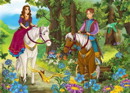 Cartoon girl and boy riding on a white horse - princess or queen - illustration for the children