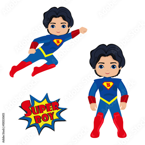 Cute Boy superhero in flight and in standing position.Illustration isolated on white background
