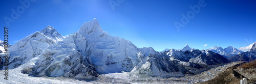 Mount Everest and the Khumbu Glacier from Kala Patthar, Panoramatic photo.