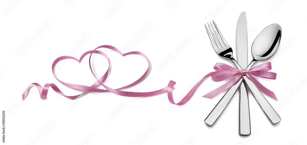 Fork knife spoon with pink ribbon heart element Valentine isolat