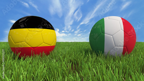 3D soccer balls with Belgium and Italy flag  Euro 2016. Placed on 3d grass. Background isolated with clipping path.