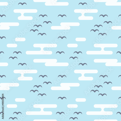 Vector seamless pattern with birds and clouds. Flat style.