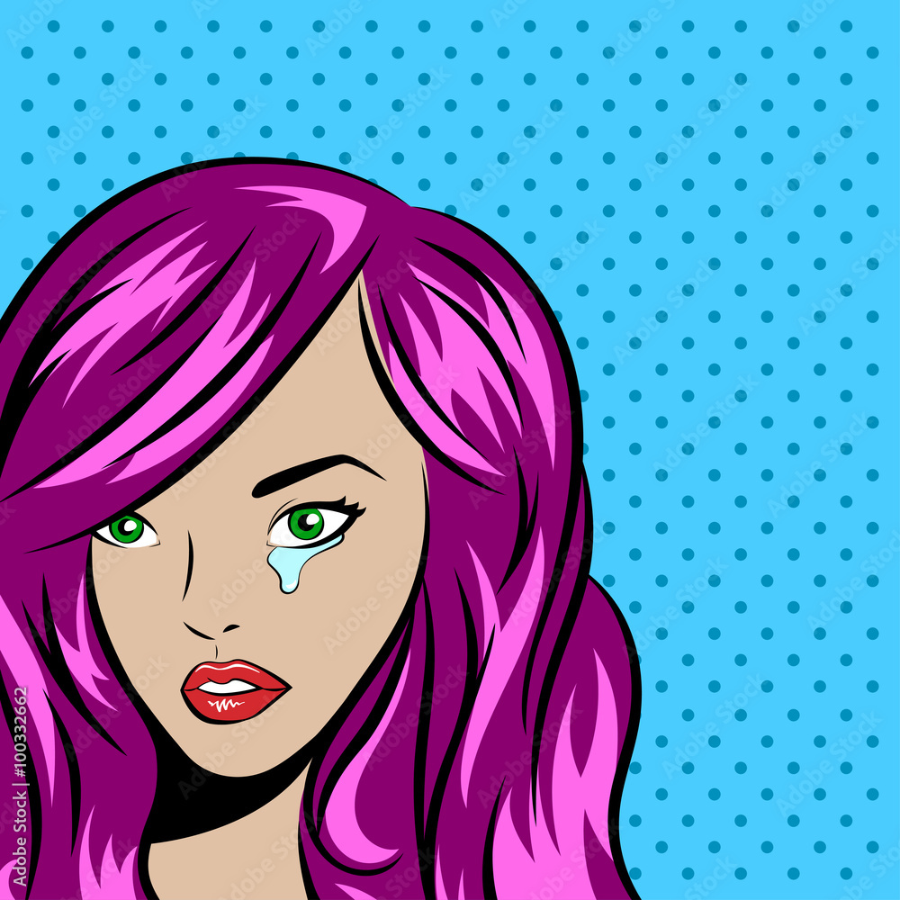 Pop art vector illustration of young woman with tear on the dott Pop art vector illustration of young woman with tear on the dott