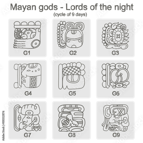 set of monochrome icons with  glyphs of the Maya Night Lord for your design