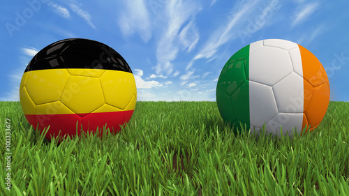     3D soccer balls with Belgium and Republic of Ireland flag  Euro 2016. Placed on 3d grass. Background isolated with clipping path. 