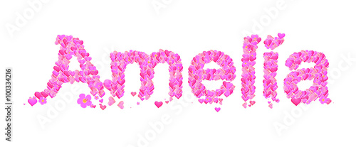 Amelia female name set with hearts type design photo