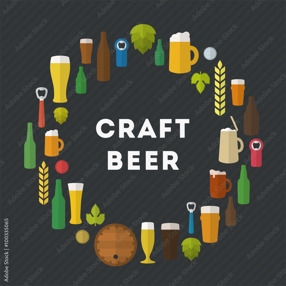 Flat Craft Beer Illustration Retro Vector Craft Beer Emblem In Flat Style Beer Glasses Bottles Ingredients And Accessories Stock Vector Adobe Stock