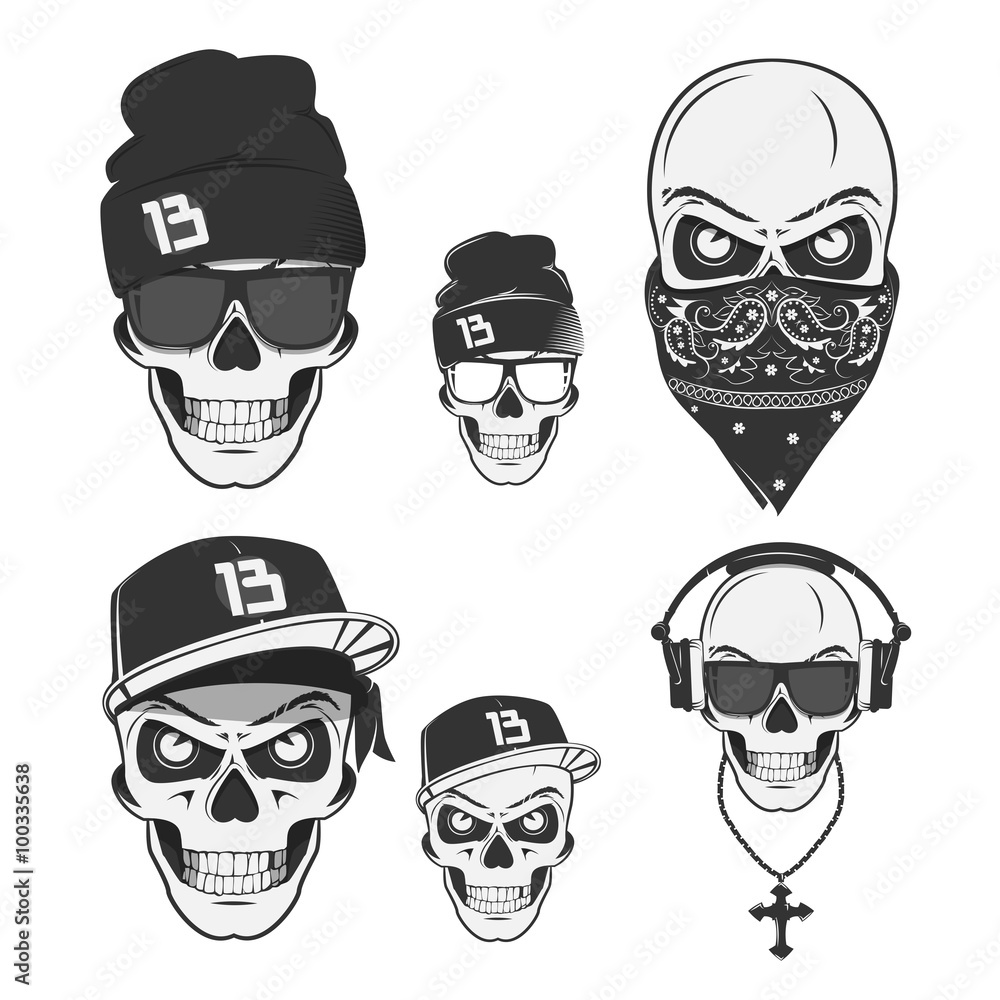 Set of vintage skull rap emblems, labels, badges, logos and design