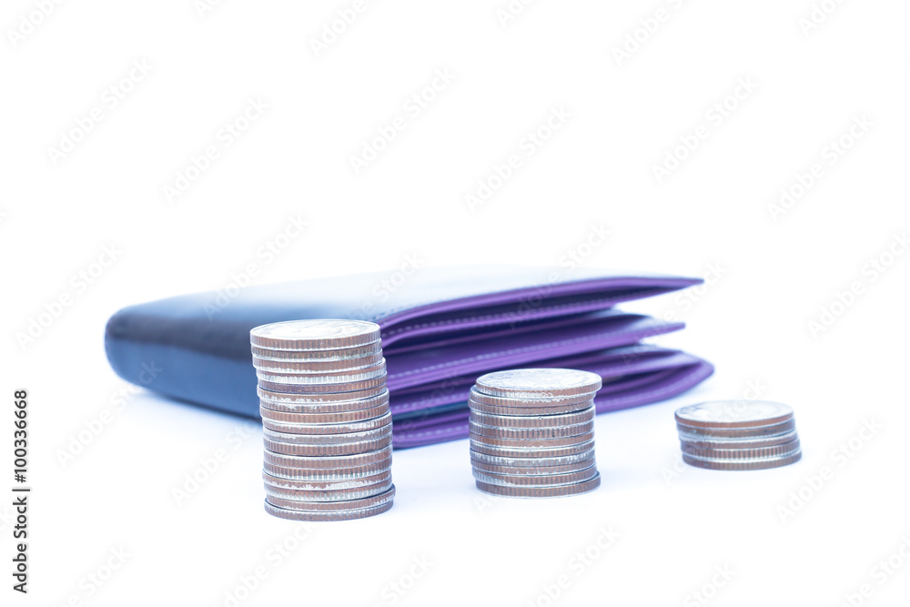 Coins with wallet isolated on white background Coins with wallet isolated on white background