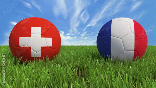 "
 3D soccer balls with Switzerland and France flag, Euro 2016. Placed on 3d grass. Background isolated with clipping path."