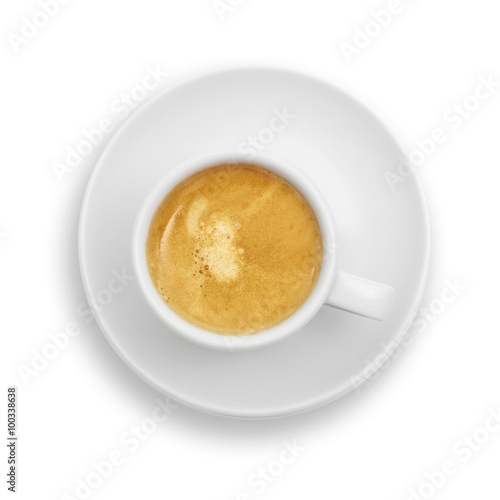 Espresso coffee cup photographed from above and isolated on white background.