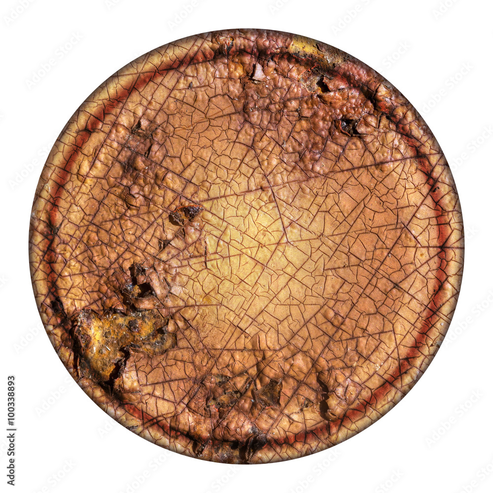 Rust texture, background. Round lid, disc, circle, cracked and flaking. Isolated.