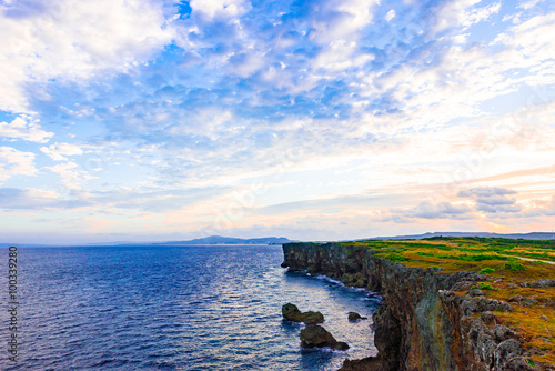 Sunrise, sea, cliffs, seascape. Okinawa, Japan. 