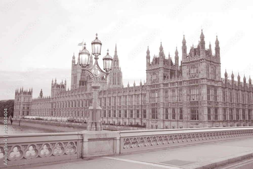 Houses of Parliament; Westminster; London; England; UK in Black and White Sepia Tone