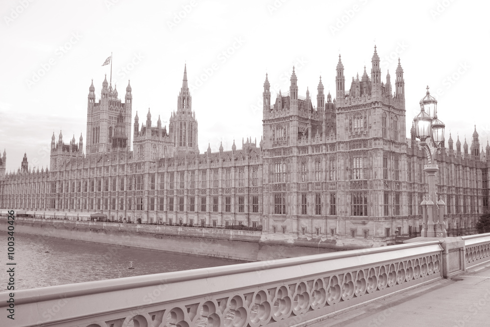 Houses of Parliament; Westminster; London; England; UK in Black and White Sepia Tone