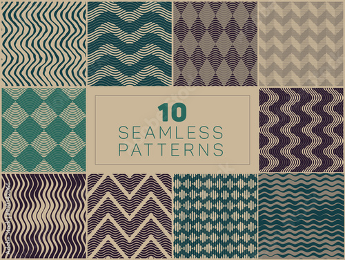 Set of Ten Vector Seamless Hand Drawn Rough Engraving Line LinoCut Patterns In Green and Grey Colors