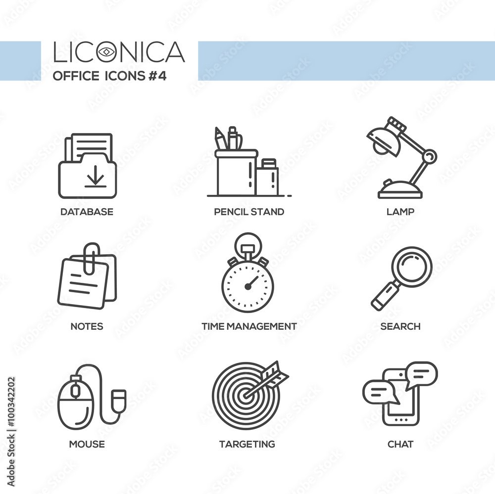 Set of modern office line flat design icons and pictograms. Set of modern office line flat design icons and pictograms.