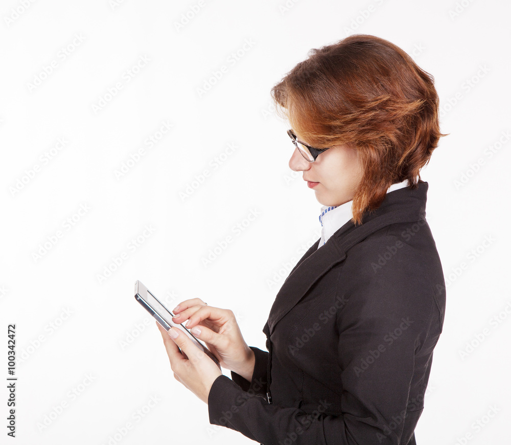 business woman looking at the tablet display business woman looking at the tablet display
