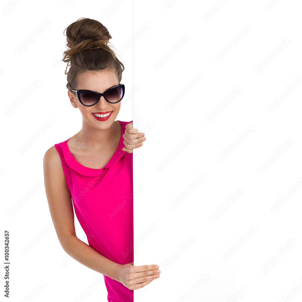 Smiling Young Woman Girl With Topknot Peeking Smiling Young Woman Girl With Topknot Peeking