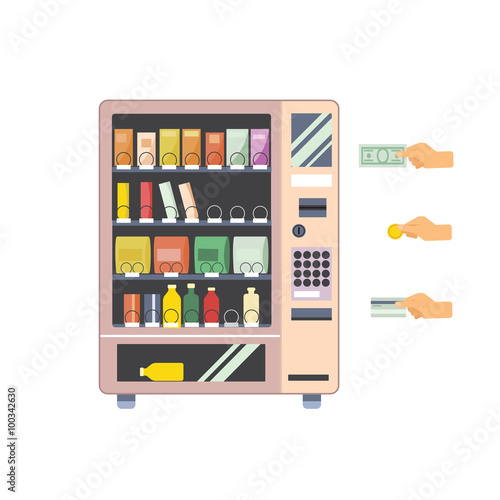 vending machine flat design style with payment variants hand icons, vector illustration