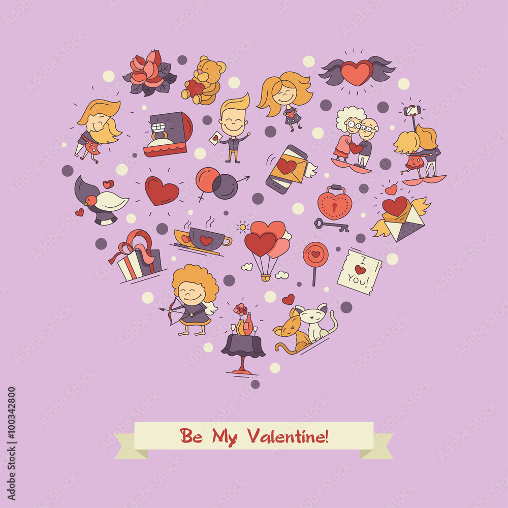 Flat design Valentines day love and romance icons postcard Flat design Valentines day love and romance icons postcard