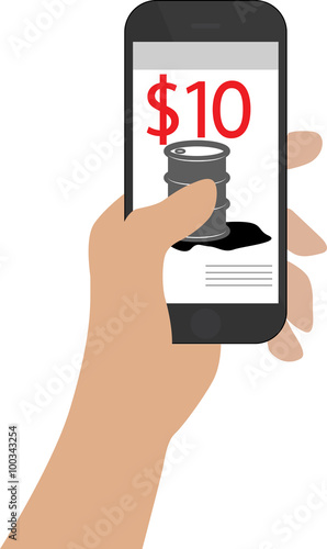 Smartphone Illustration - Isolated and held in hand on a white background, with oil price on screen symbolizing crash in prices at 10 dollars a barrel