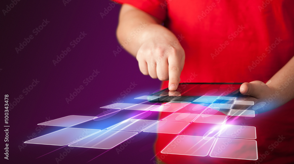 Close up of hand holding tablet with cyber application Close up of hand holding tablet with cyber application