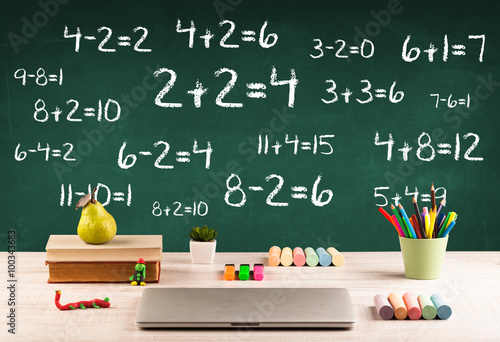 School blackboard with pile of books