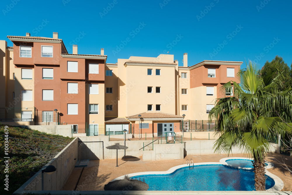 View of the swimming pool in the urbanization Altorreal. Region of Murcia. Spain
