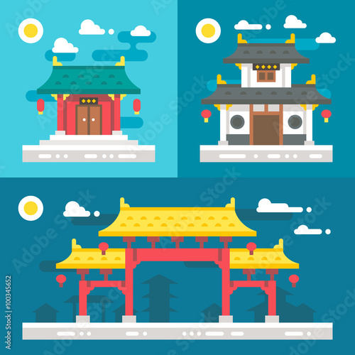 Flat design old chinese buildings illustration vector