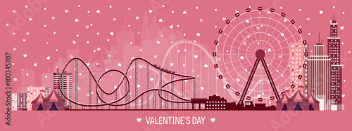 Vector illustration. Valentines day. Love. 14 february. Park. Ferris wheel. Roller coaster.